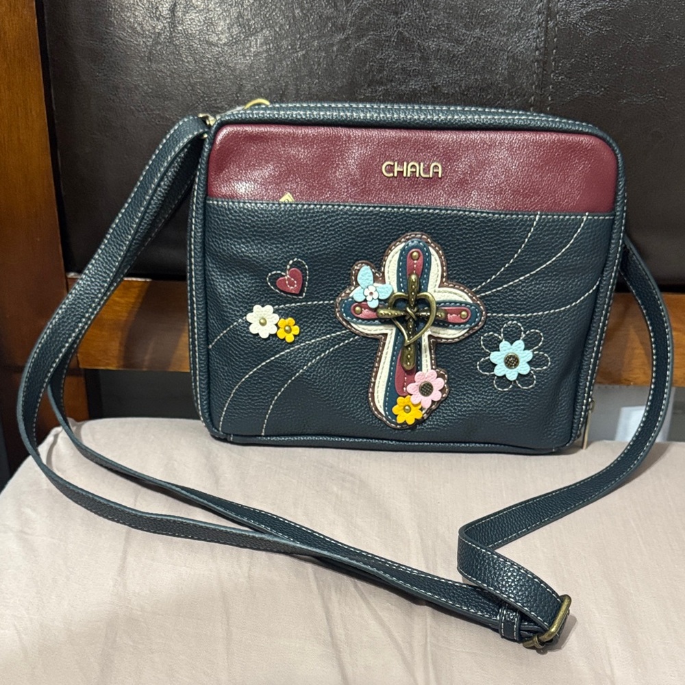 Chala Two-Tone Teal and Burgundy Crossbody with Floral Cross Appliqué